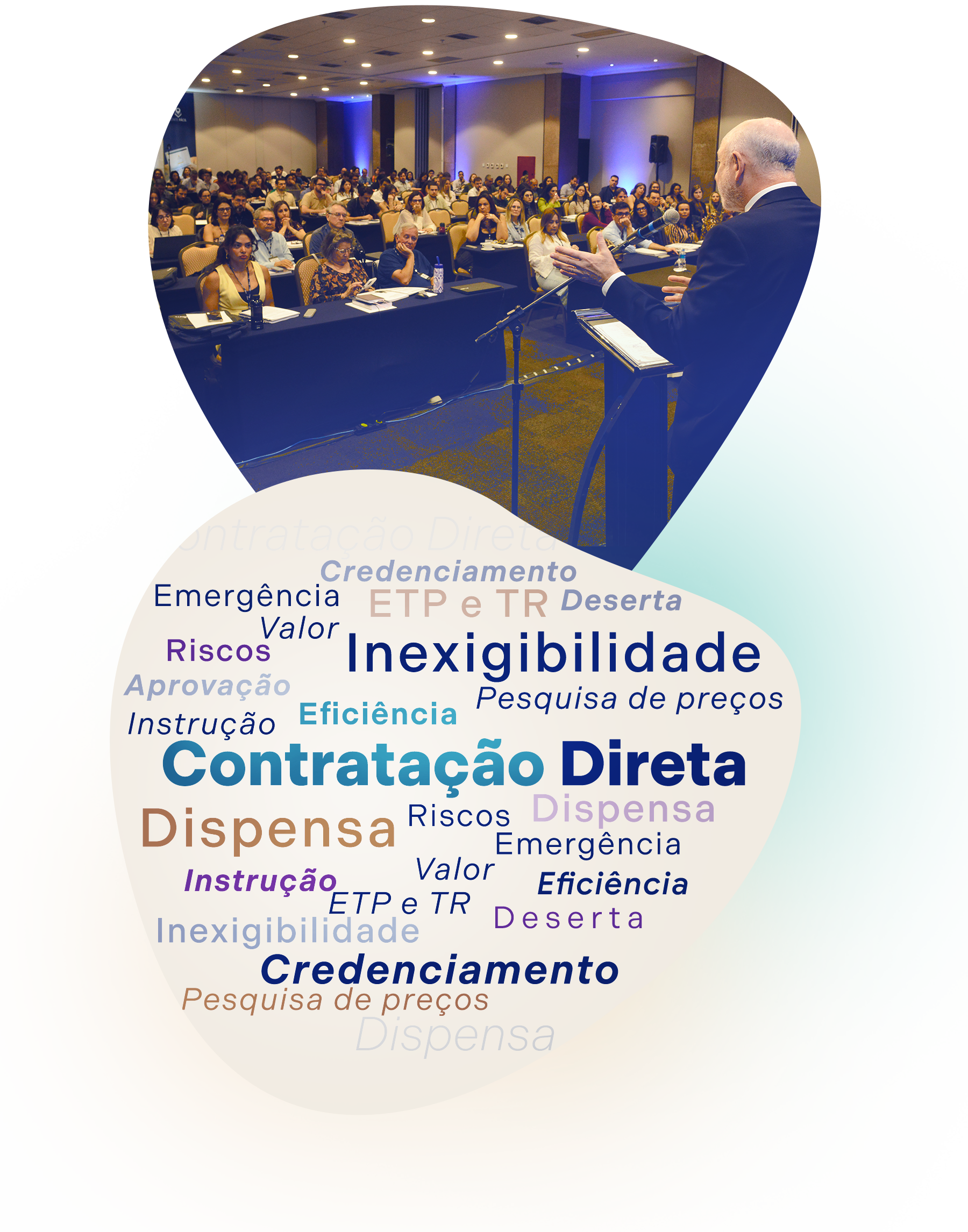 Três esferas com fotos de um evento Zênite, um prédio histórico, e um homem de terno assinando um documento.